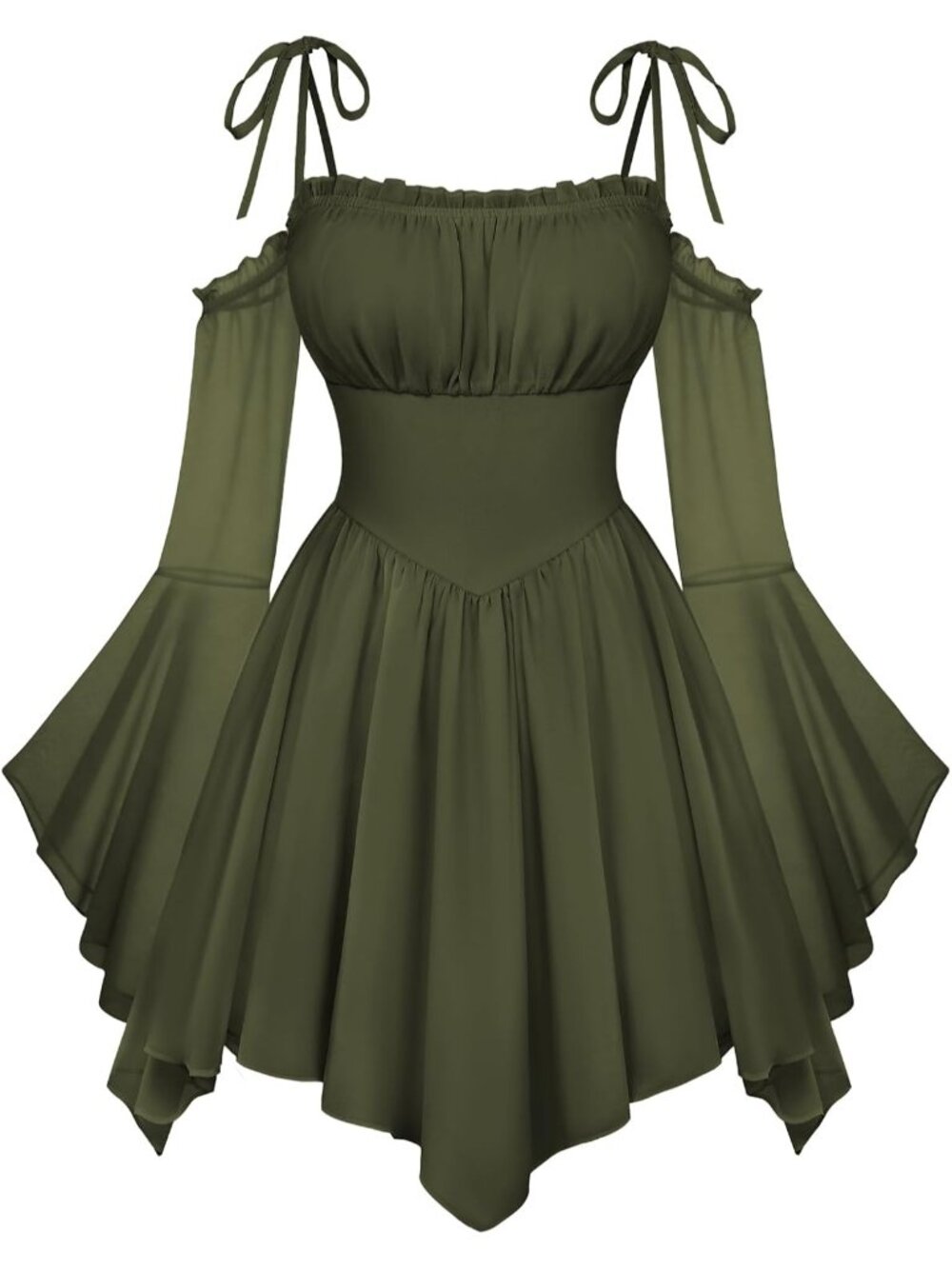 Women's Army Green Off Shoulder Fairy A LINE Boho Corset With Pockets Dress